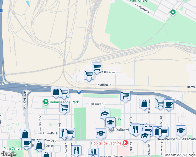map of restaurants, bars, coffee shops, grocery stores, and more near 1150 Croissant Claire in Montréal