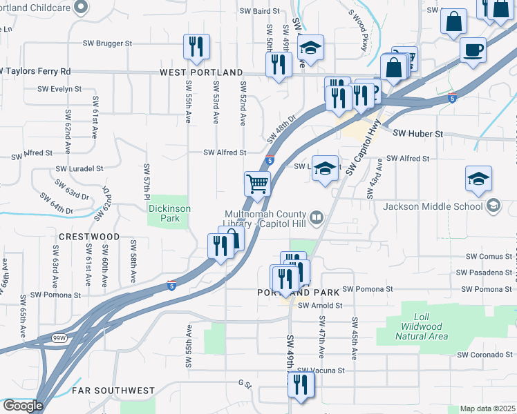 map of restaurants, bars, coffee shops, grocery stores, and more near 10505 Southwest Barbur Boulevard in Portland