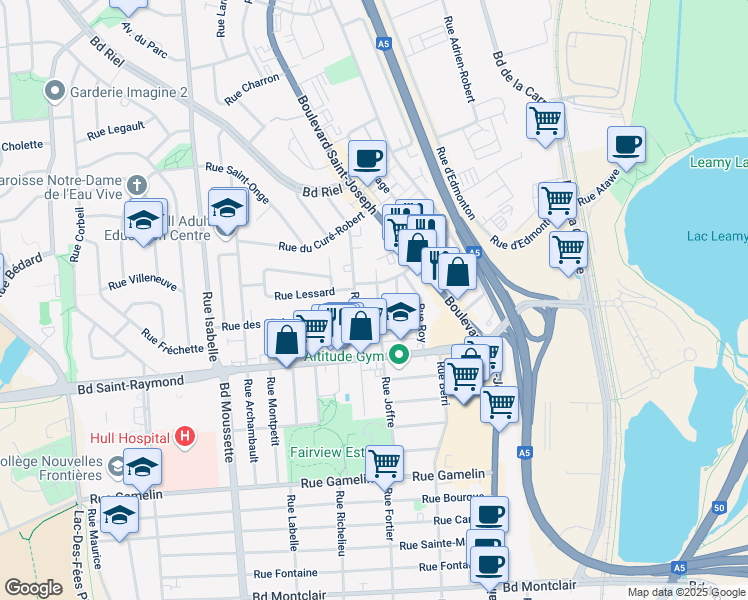 map of restaurants, bars, coffee shops, grocery stores, and more near 159 Rue Joffre in Gatineau