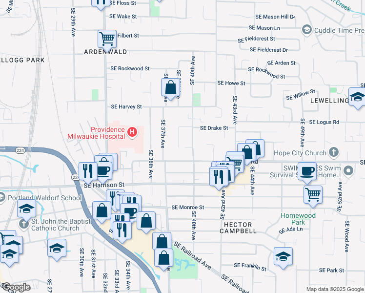 map of restaurants, bars, coffee shops, grocery stores, and more near 10278 Southeast 38th Avenue in Milwaukie