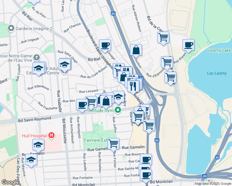 map of restaurants, bars, coffee shops, grocery stores, and more near 21 Rue Courchesne in Gatineau