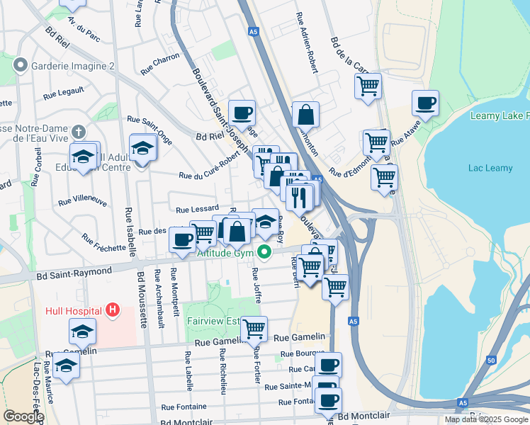 map of restaurants, bars, coffee shops, grocery stores, and more near 23 Rue Courchesne in Gatineau