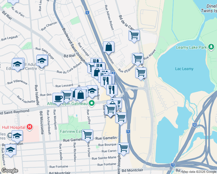 map of restaurants, bars, coffee shops, grocery stores, and more near 534 Boulevard Saint-Joseph in Gatineau