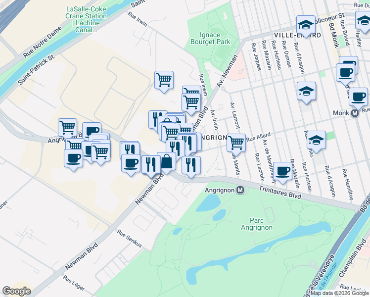 map of restaurants, bars, coffee shops, grocery stores, and more near 6900 Boulevard Newman in Montréal