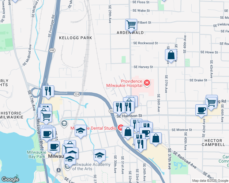 map of restaurants, bars, coffee shops, grocery stores, and more near 2800 SE D Pl in Milwaukie