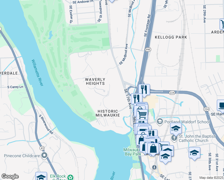 map of restaurants, bars, coffee shops, grocery stores, and more near 10200 Southeast Waverly Court in Milwaukie