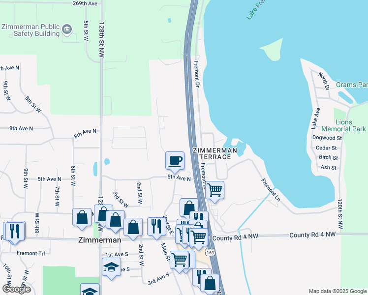 map of restaurants, bars, coffee shops, grocery stores, and more near 26366-26714 U.S Highway 169 in Zimmerman
