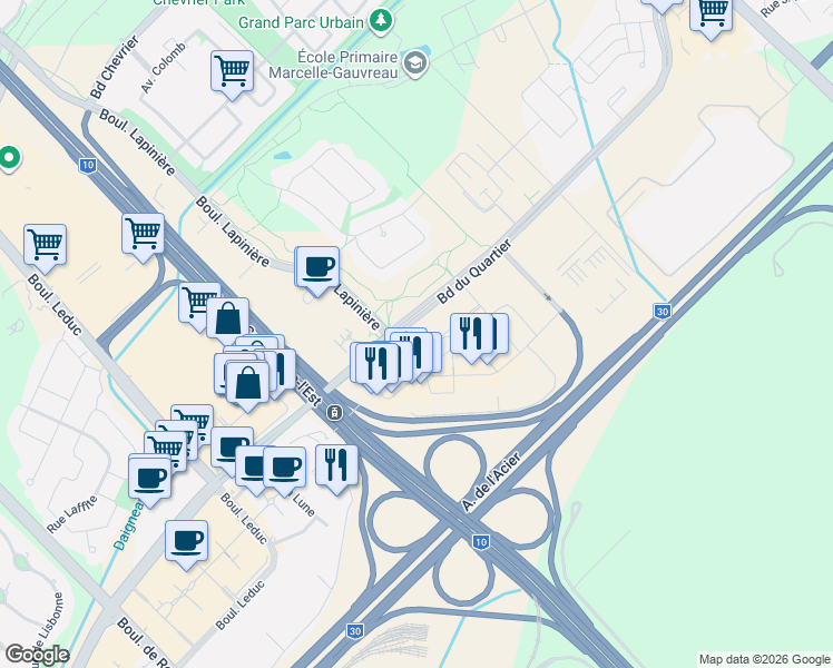 map of restaurants, bars, coffee shops, grocery stores, and more near 5909 Boulevard du Quartier in Brossard