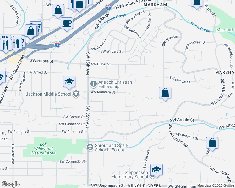 map of restaurants, bars, coffee shops, grocery stores, and more near 3106 Southwest Maricara Street in Portland