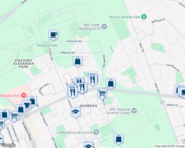 map of restaurants, bars, coffee shops, grocery stores, and more near 21 Provender Avenue in Ottawa