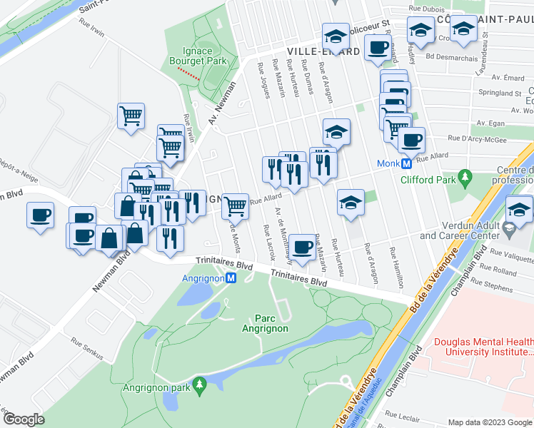 map of restaurants, bars, coffee shops, grocery stores, and more near 6850 Rue Lacroix in Montréal