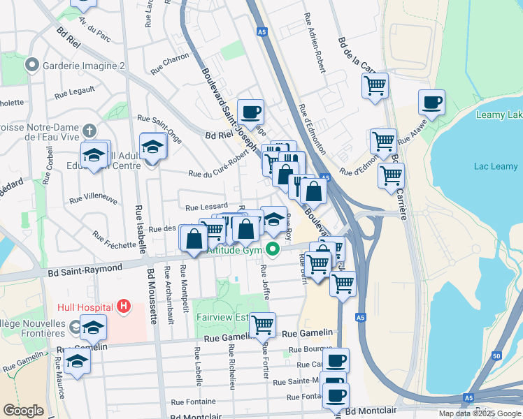 map of restaurants, bars, coffee shops, grocery stores, and more near 158 Rue Joffre in Gatineau