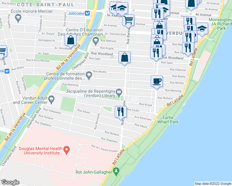 map of restaurants, bars, coffee shops, grocery stores, and more near 1003 Avenue Brown in Montréal