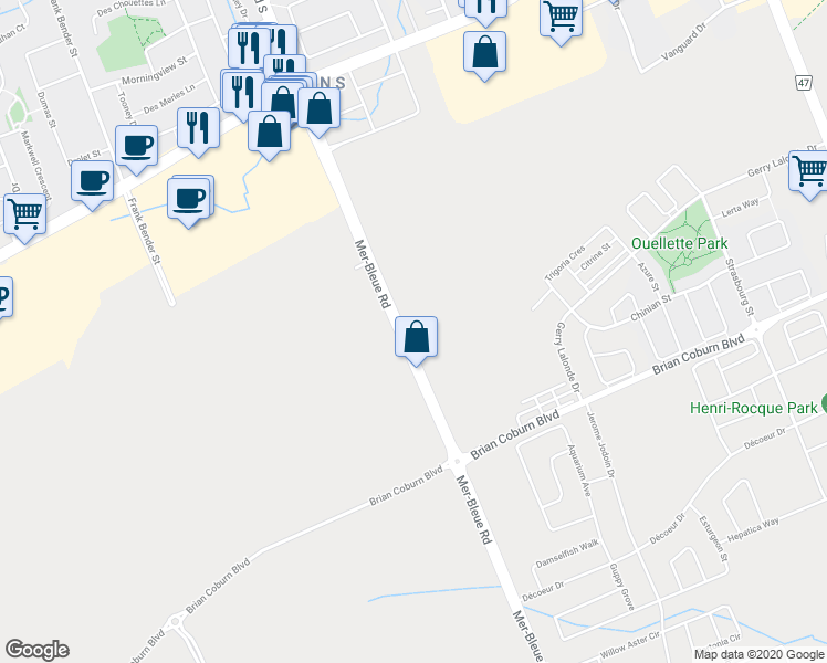 map of restaurants, bars, coffee shops, grocery stores, and more near 2179 Mer-Bleue Road in Ottawa