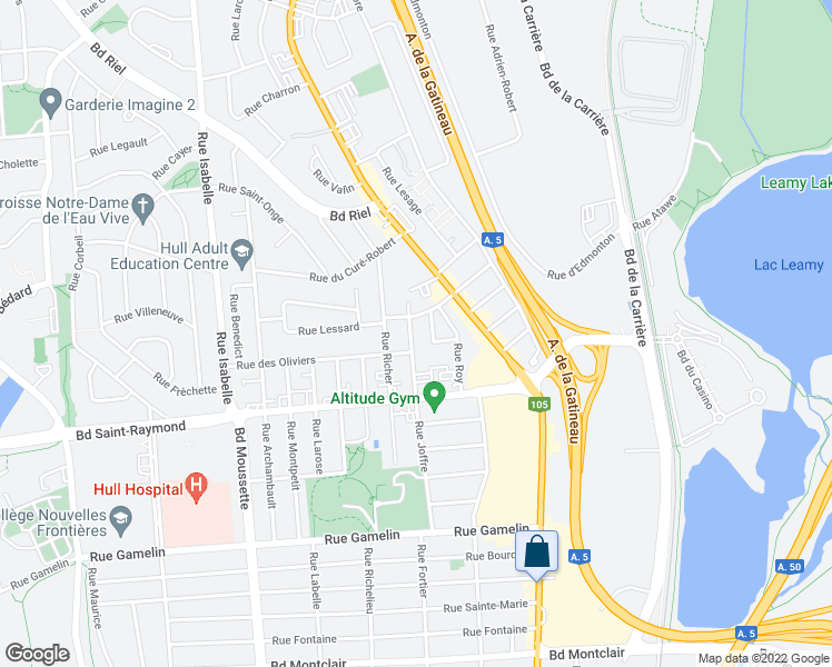 map of restaurants, bars, coffee shops, grocery stores, and more near 158 Rue Joffre in Gatineau