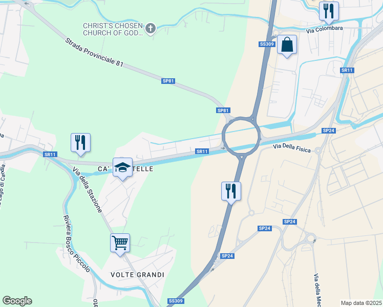 map of restaurants, bars, coffee shops, grocery stores, and more near 56 Via Padana in Venezia