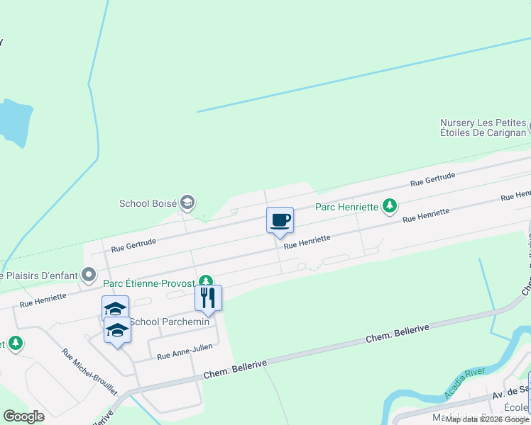 map of restaurants, bars, coffee shops, grocery stores, and more near 3308 Rue Albani in Carignan