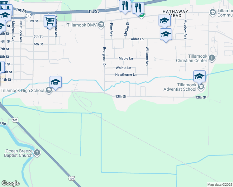 map of restaurants, bars, coffee shops, grocery stores, and more near 3500 12th Street in Tillamook