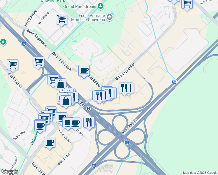 map of restaurants, bars, coffee shops, grocery stores, and more near 5905 Boulevard du Quartier in Brossard