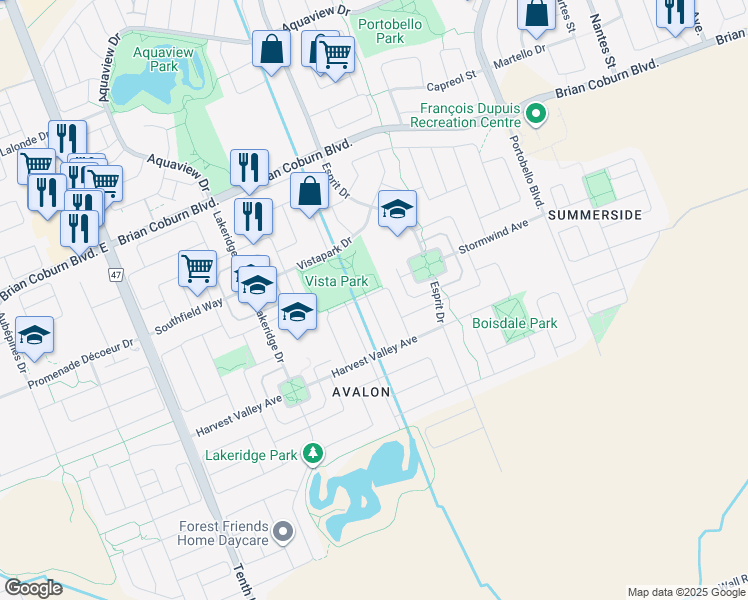map of restaurants, bars, coffee shops, grocery stores, and more near 199 Silvermoon Crescent in Ottawa