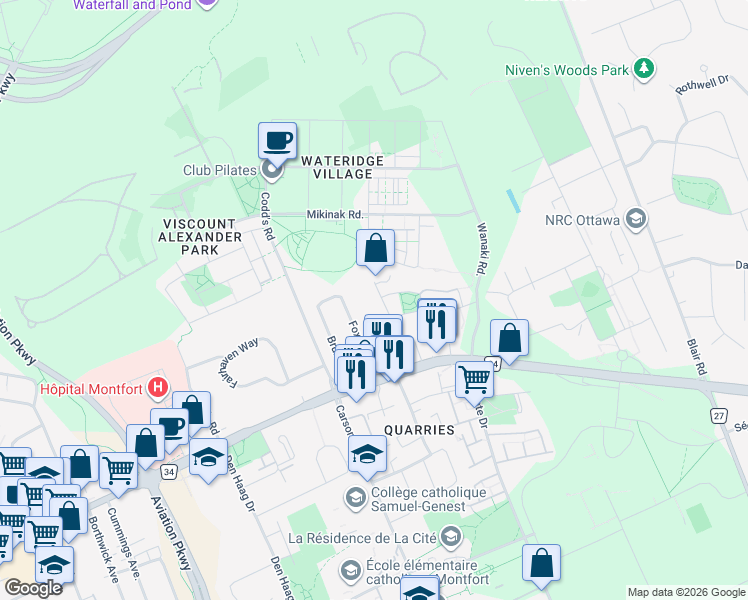 map of restaurants, bars, coffee shops, grocery stores, and more near 194 Provender Avenue in Ottawa