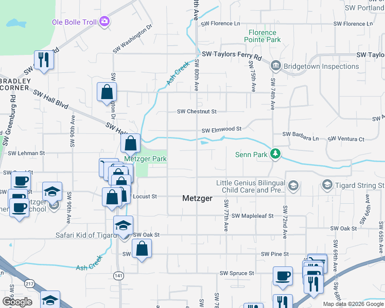 map of restaurants, bars, coffee shops, grocery stores, and more near 9835 Southwest 80th Avenue in Tigard