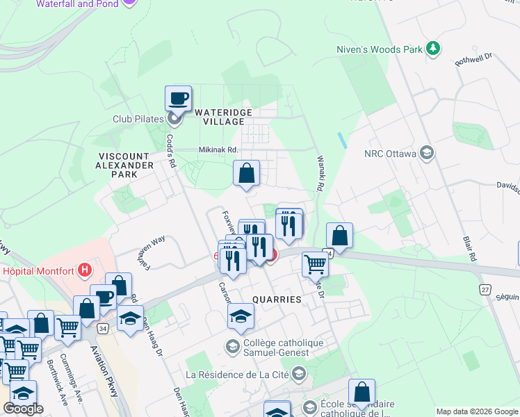 map of restaurants, bars, coffee shops, grocery stores, and more near 115 Provender Avenue in Ottawa