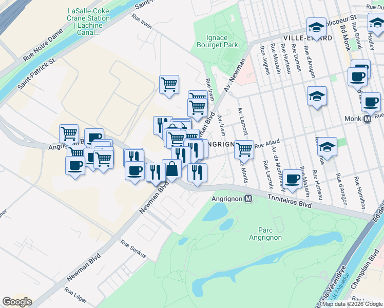 map of restaurants, bars, coffee shops, grocery stores, and more near 6900 Newman Boulevard in Montreal