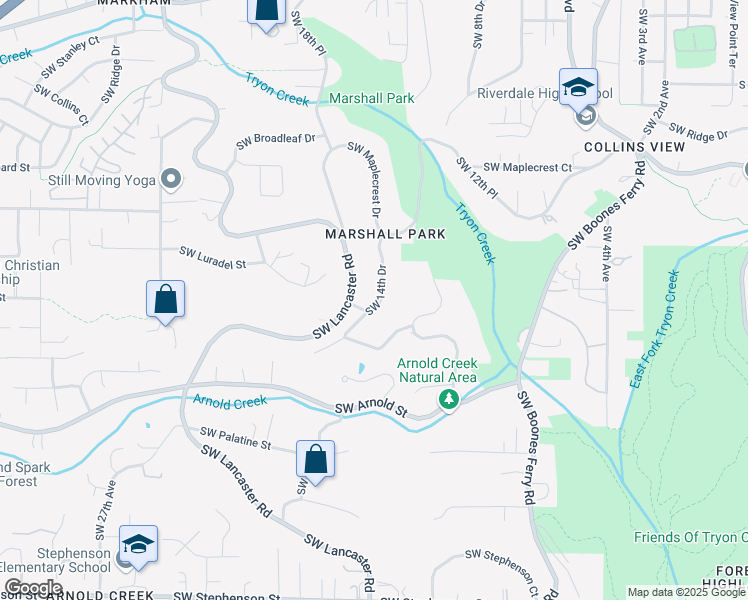 map of restaurants, bars, coffee shops, grocery stores, and more near 10533 Southwest 14th Drive in Portland