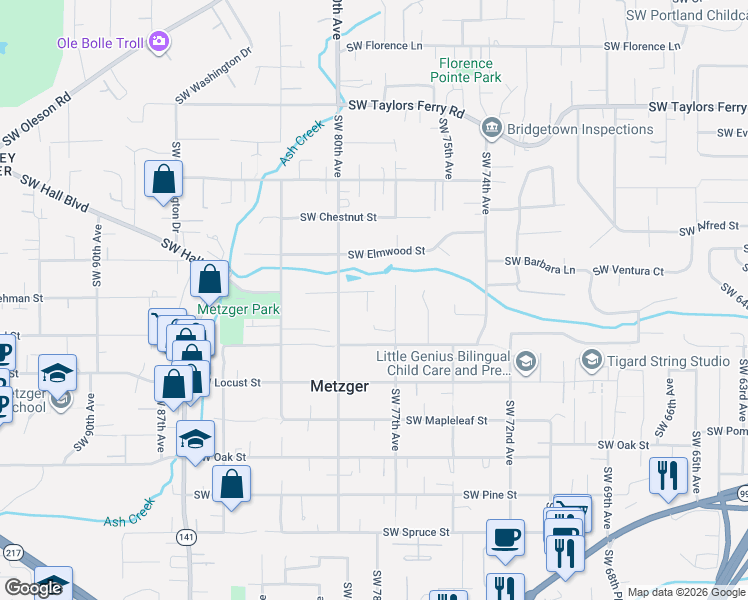 map of restaurants, bars, coffee shops, grocery stores, and more near 7830 Southwest Hemlock Street in Portland