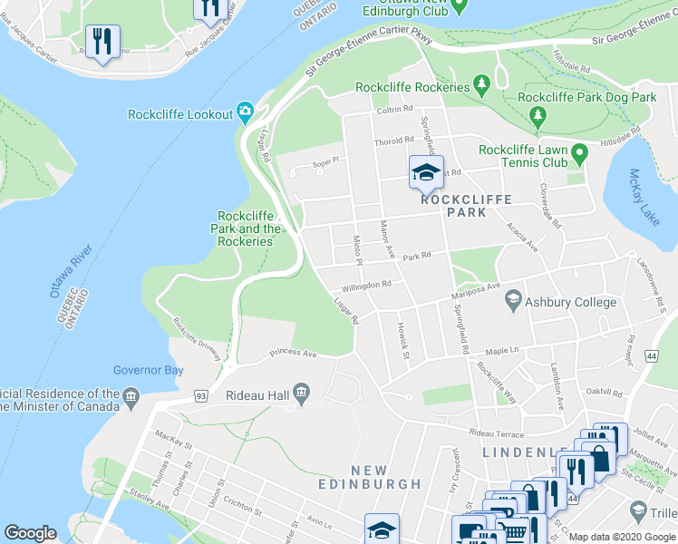 map of restaurants, bars, coffee shops, grocery stores, and more near 54 Park Road in Ottawa