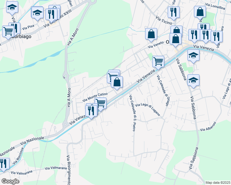 map of restaurants, bars, coffee shops, grocery stores, and more near 70 Via Venezia in Mira Taglio