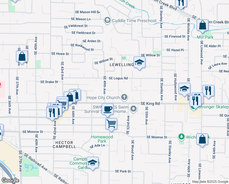 map of restaurants, bars, coffee shops, grocery stores, and more near 5027 Southeast King Road in Milwaukie