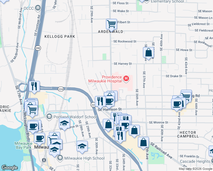 map of restaurants, bars, coffee shops, grocery stores, and more near 10368 Southeast C Street in Milwaukie