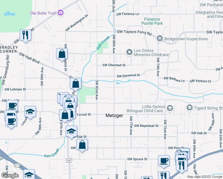map of restaurants, bars, coffee shops, grocery stores, and more near 8080 Southwest Larch Street in Tigard