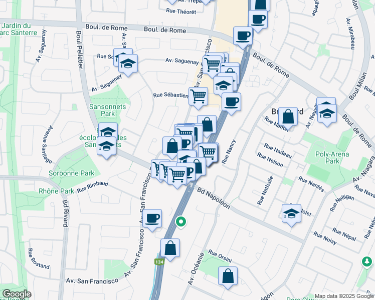 map of restaurants, bars, coffee shops, grocery stores, and more near 8200 Boulevard Taschereau in Brossard
