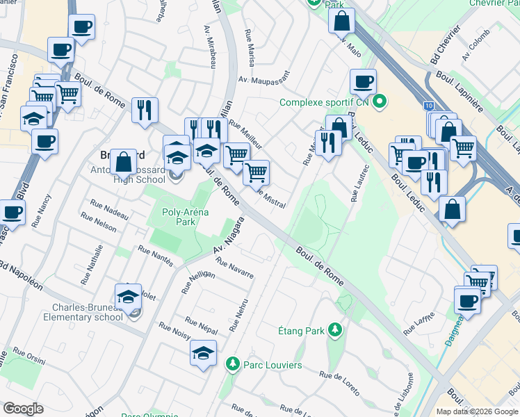 map of restaurants, bars, coffee shops, grocery stores, and more near 3304 Rue Mistral in Brossard