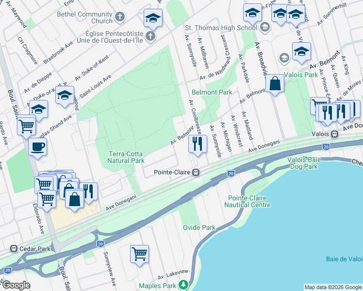 map of restaurants, bars, coffee shops, grocery stores, and more near 168 Avenue Belmont in Montréal