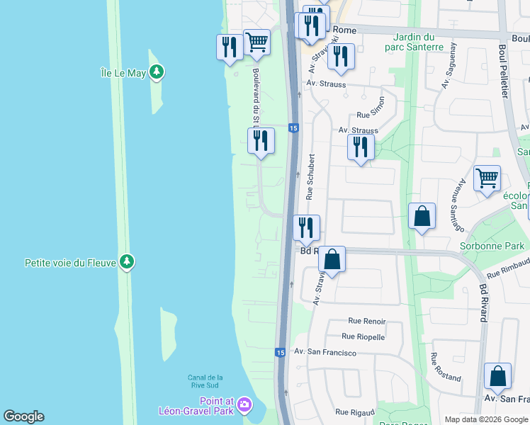 map of restaurants, bars, coffee shops, grocery stores, and more near 8405 Rue Saint Charles in Brossard