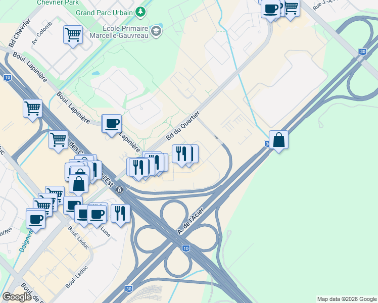 map of restaurants, bars, coffee shops, grocery stores, and more near 505 Rue de l'Escale in Brossard