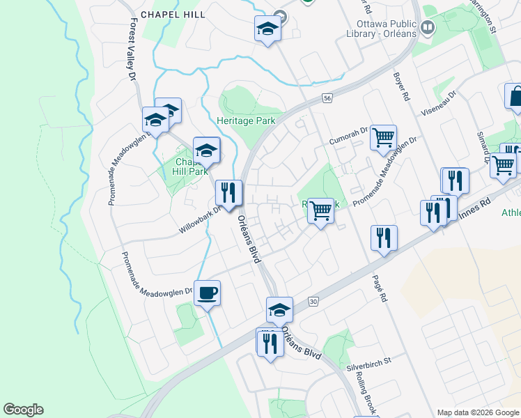 map of restaurants, bars, coffee shops, grocery stores, and more near 1883 Summerfields Crescent in Ottawa
