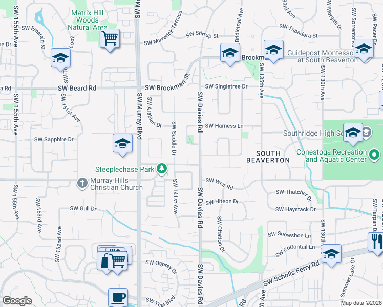 map of restaurants, bars, coffee shops, grocery stores, and more near 9966 Southwest Steeplechase Circle in Beaverton