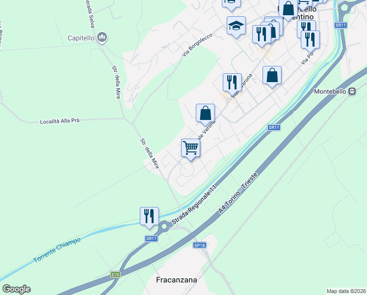 map of restaurants, bars, coffee shops, grocery stores, and more near 22 Viale Verona in Vicenza