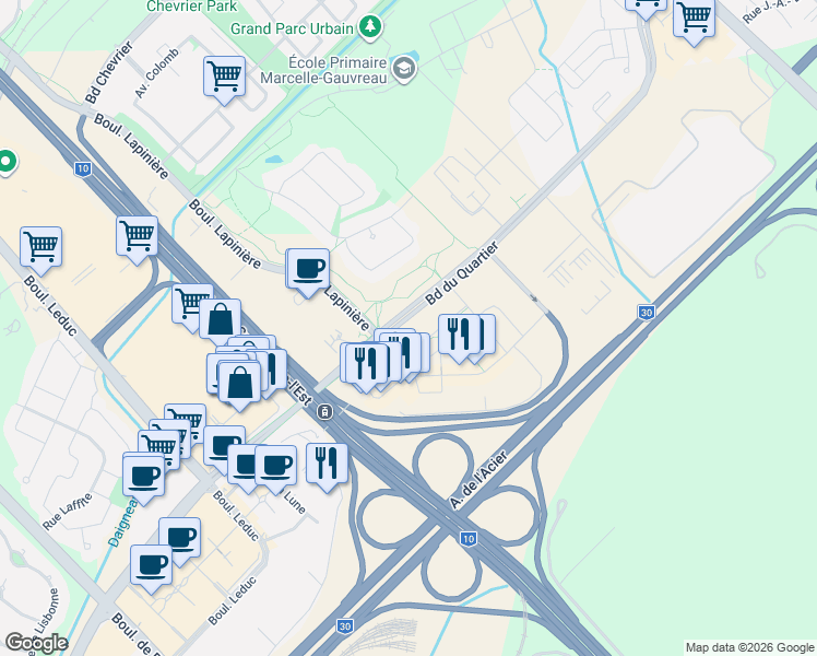 map of restaurants, bars, coffee shops, grocery stores, and more near 5905 Boulevard du Quartier in Brossard
