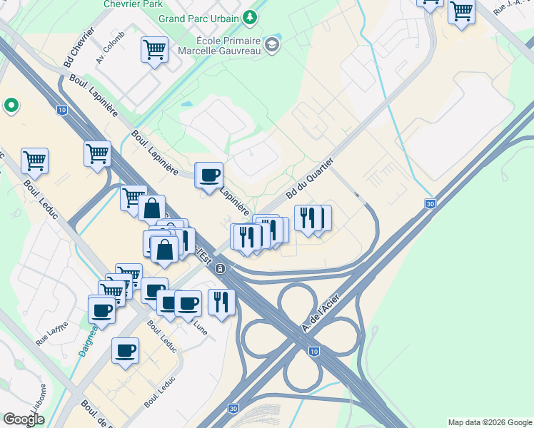 map of restaurants, bars, coffee shops, grocery stores, and more near 5905 Boulevard du Quartier in Brossard