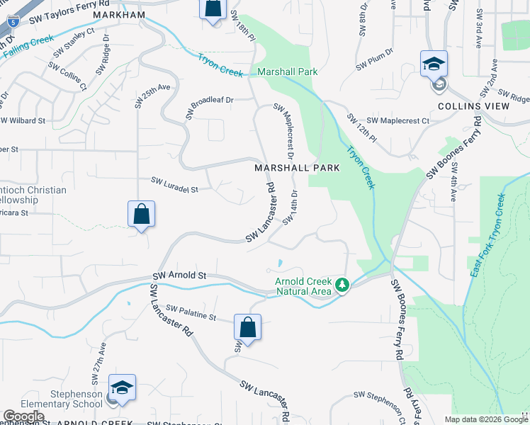 map of restaurants, bars, coffee shops, grocery stores, and more near 10555 Southwest Lancaster Road in Portland