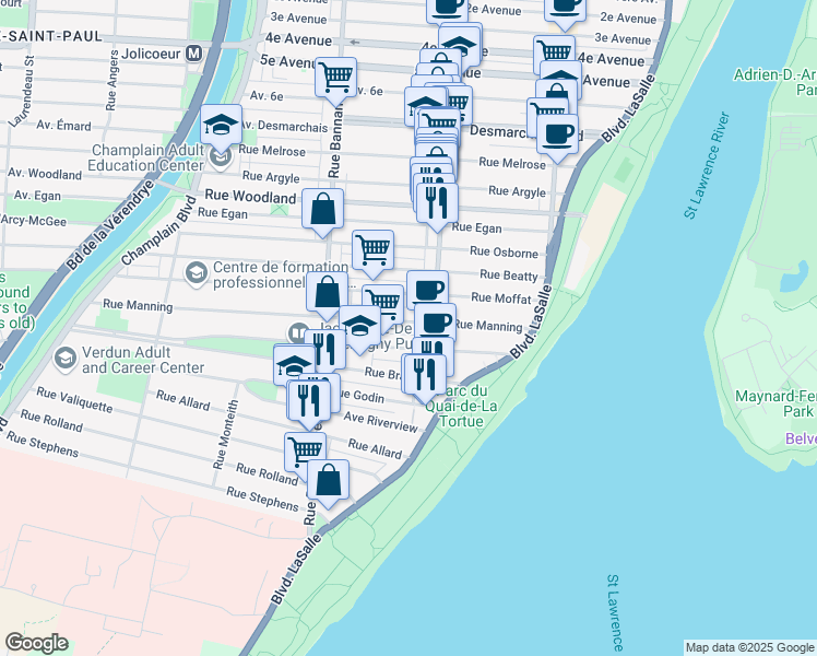 map of restaurants, bars, coffee shops, grocery stores, and more near 644 Rue Manning in Montréal