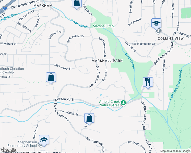 map of restaurants, bars, coffee shops, grocery stores, and more near 10555 Southwest Lancaster Road in Portland