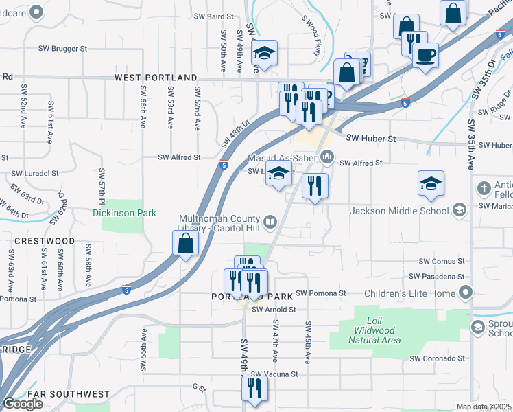 map of restaurants, bars, coffee shops, grocery stores, and more near 10626 Southwest 49th Avenue in Portland