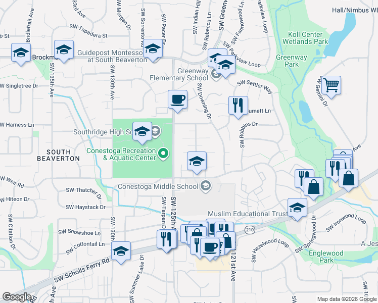 map of restaurants, bars, coffee shops, grocery stores, and more near 12325 Southwest Conestoga Drive in Beaverton